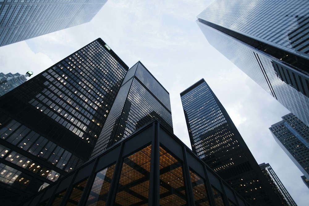 Glass commercial towers viewed from below