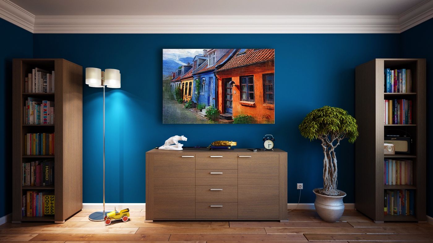 Residential living space with blue walls