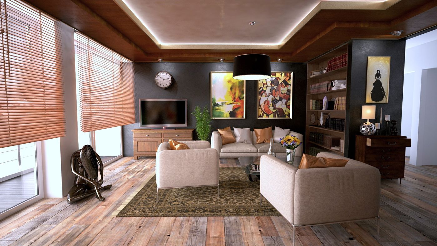 Residential living room with warm natural finishes