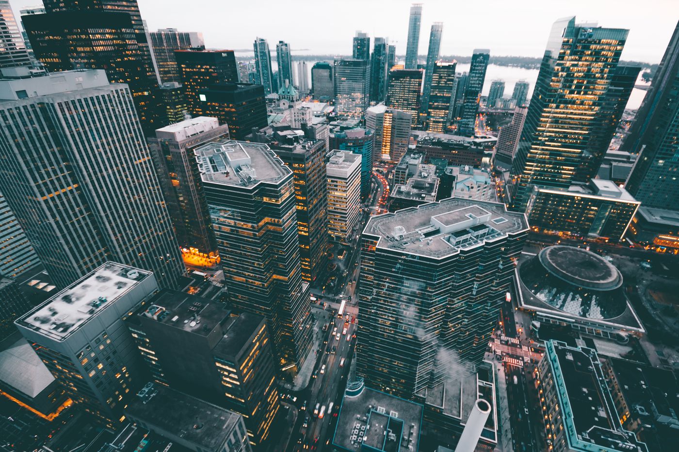 Aerial view across a dense city centre