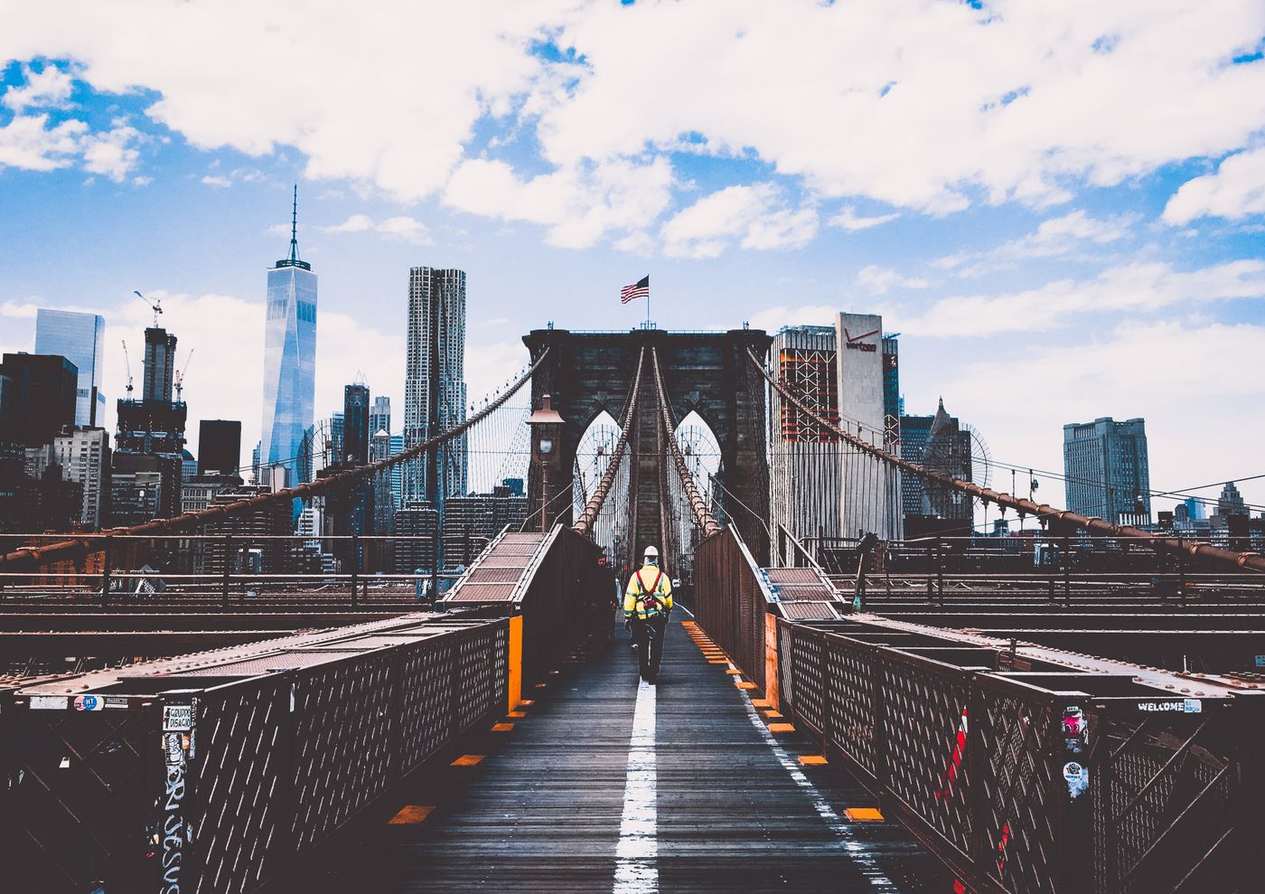 Suspension bridge and city skyline